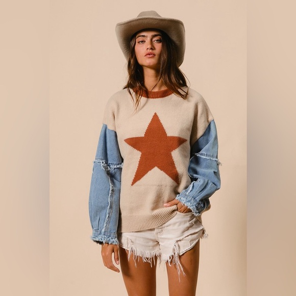 #93 Denim Sleeve Star Sweater - Picture 3 of 5
